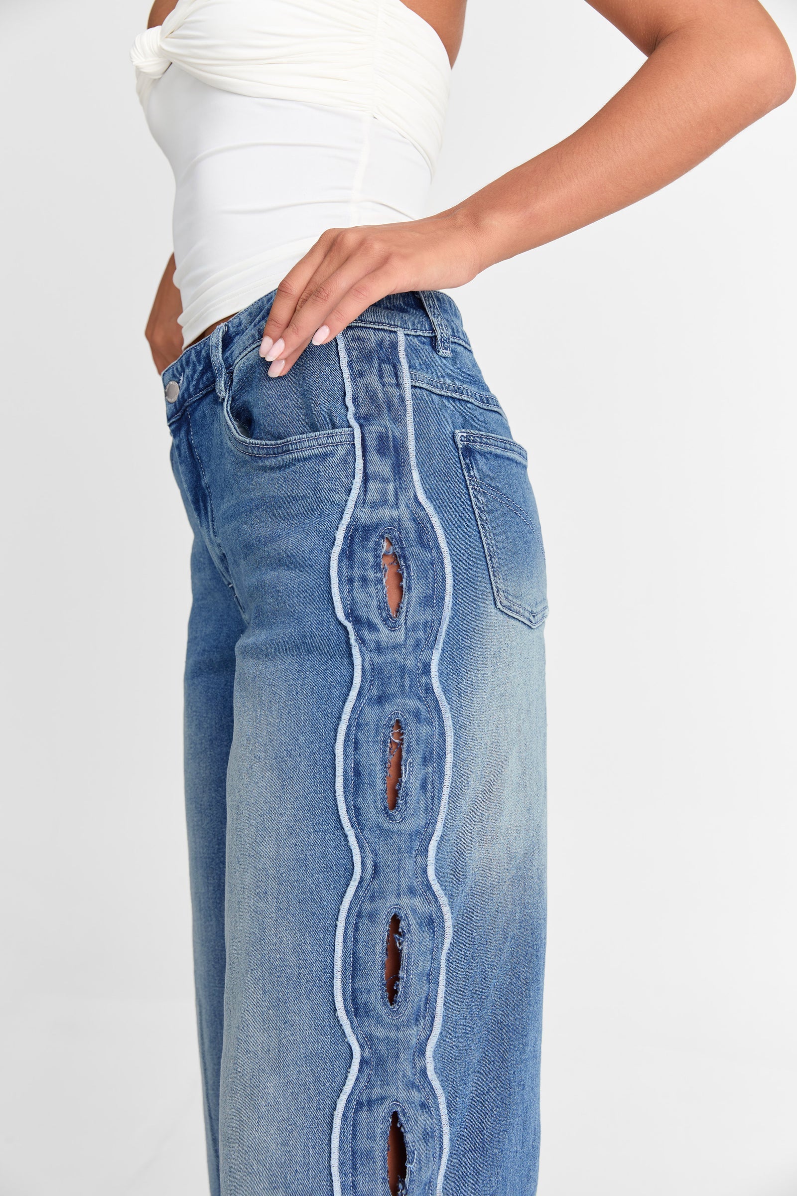Blue Eyelet Wide Leg Jeans